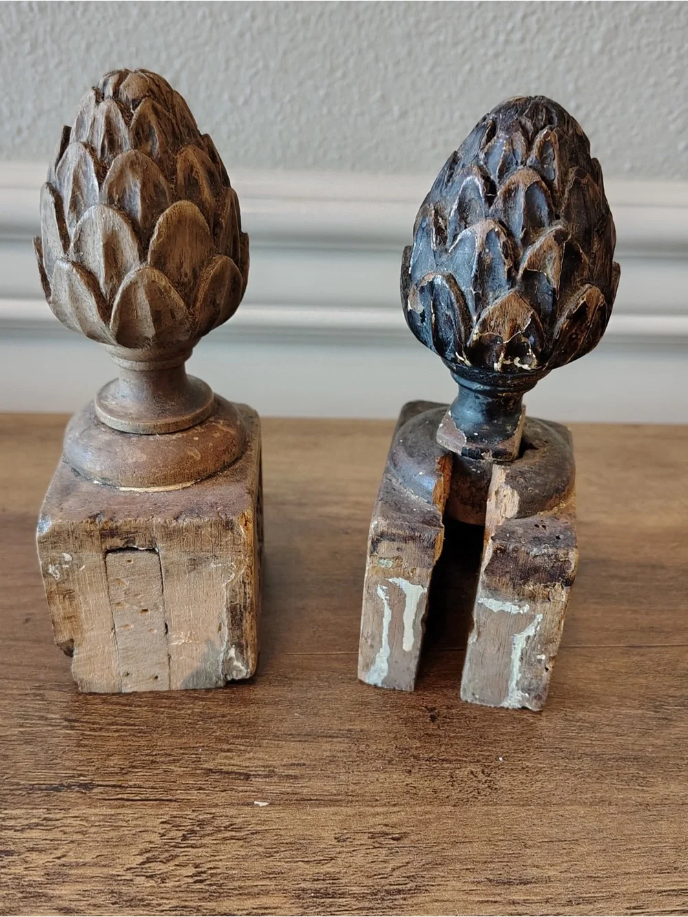 Antique Wood Staircase Finials Pair Carved Artichoke Newel Post Caps Salvage